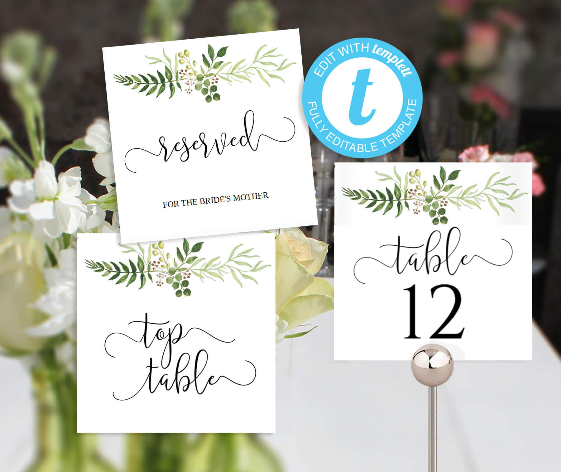 Greenery Wedding Table Numbers, Printable 5X5 Tentfold Templates, Reserved  Table And Top Table Signs | Woodland Rustic Wedding Ideas Inside Reserved Cards For Tables Templates