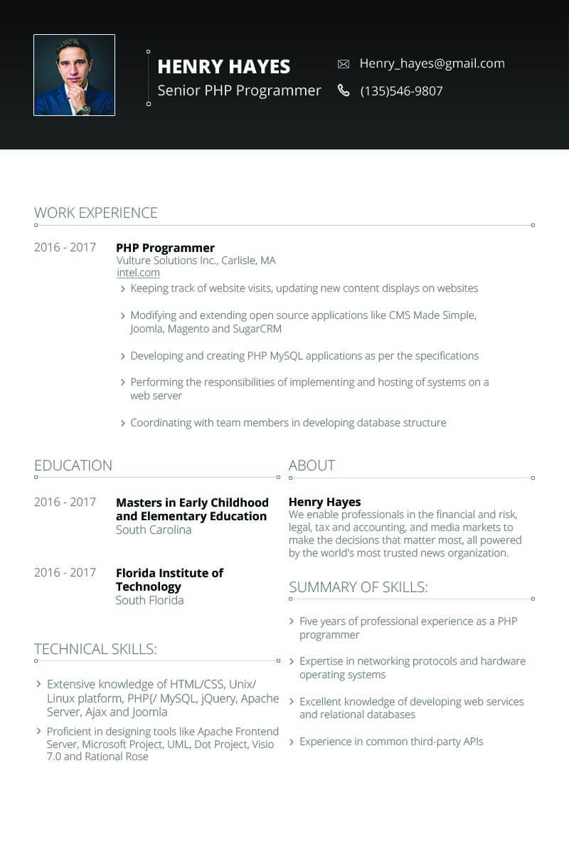 Henry Hayes - Web Developer Resume Template #64898 Throughout Hayes Certificate Templates