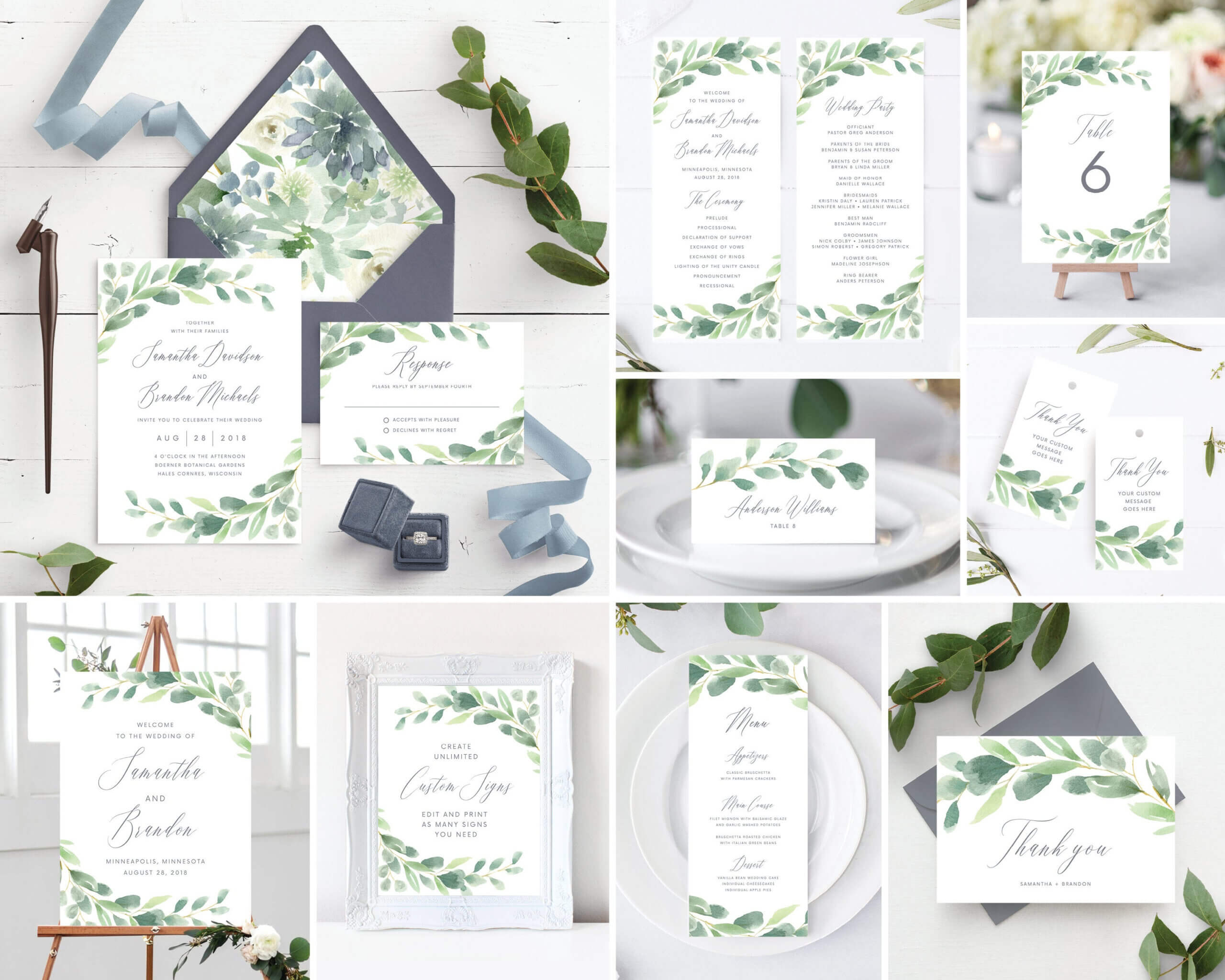 Instant Download Greenery And Gray Template Bundle Includes Wedding  Invitation, Envelope Liners, Program, Menu, Welcome Sign, And More! Inside Michaels Place Card Template