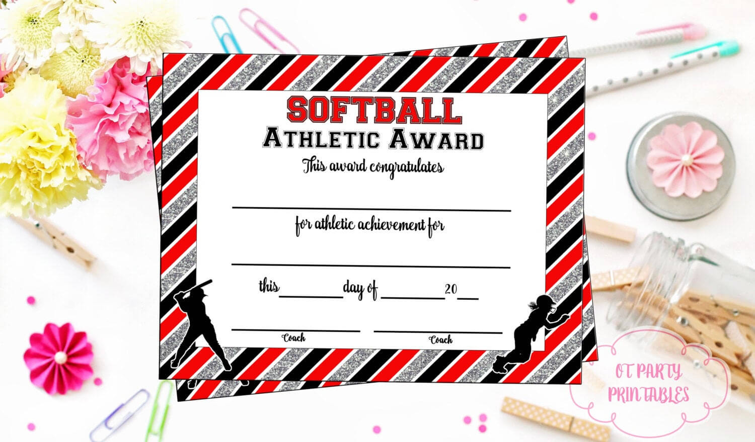 Instant Download - Softball Certificate Of Achievement - Softball Award -  Print At Home - Softball Certificate Of Completion - Sports Award Pertaining To Softball Certificate Templates