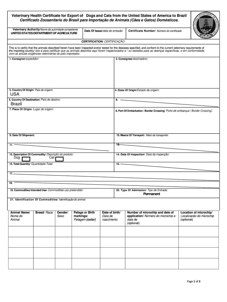Interstate Health Certificate For Dogs And Cats Form – Fill Inside Veterinary Health Certificate Template