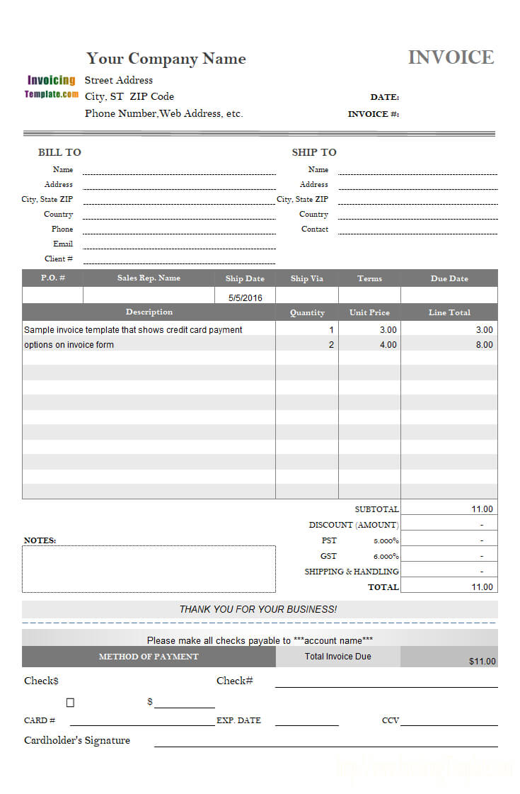 Invoice Template With Credit Card Payment Option Throughout Credit Card Payment Slip Template