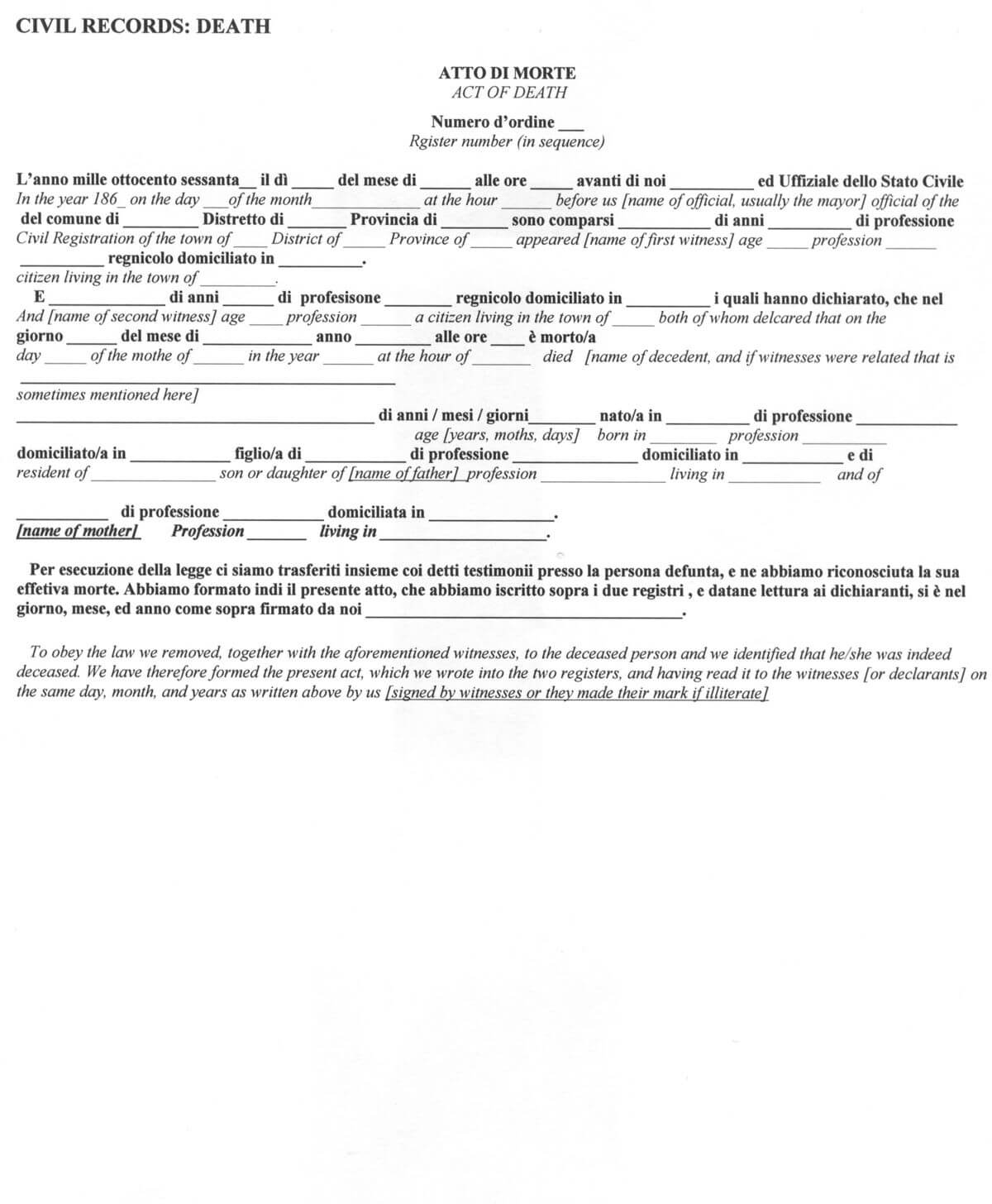 Italian Civil Death Document Translation Genealogy With Death Certificate Translation Template