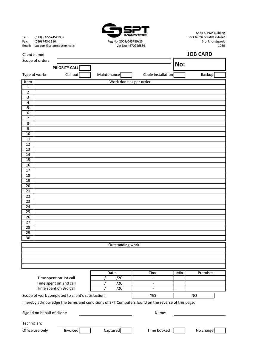 Job Card Design Print Template Mechanical Free Download Throughout Job Card Template Mechanic