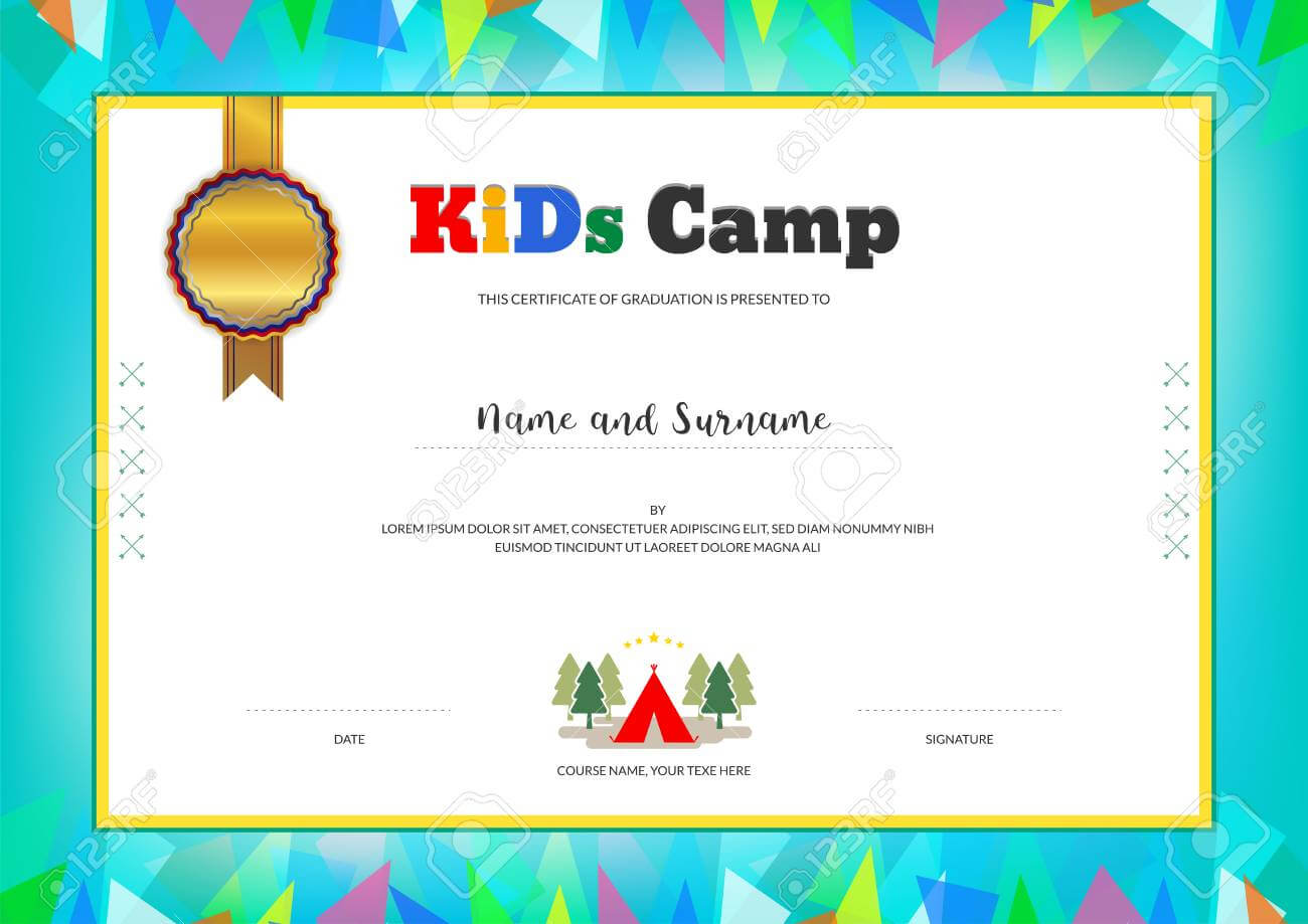 Kids Summer Camp Diploma Or Certificate Template With Colorful.. Throughout Summer Camp Certificate Template