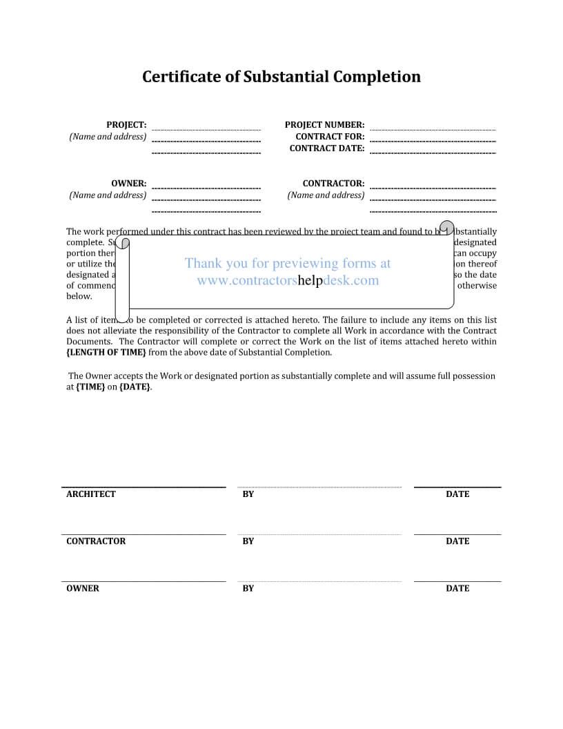 Letter Of Substantial Completion – Free Printable Documents In Certificate Of Substantial Completion Template