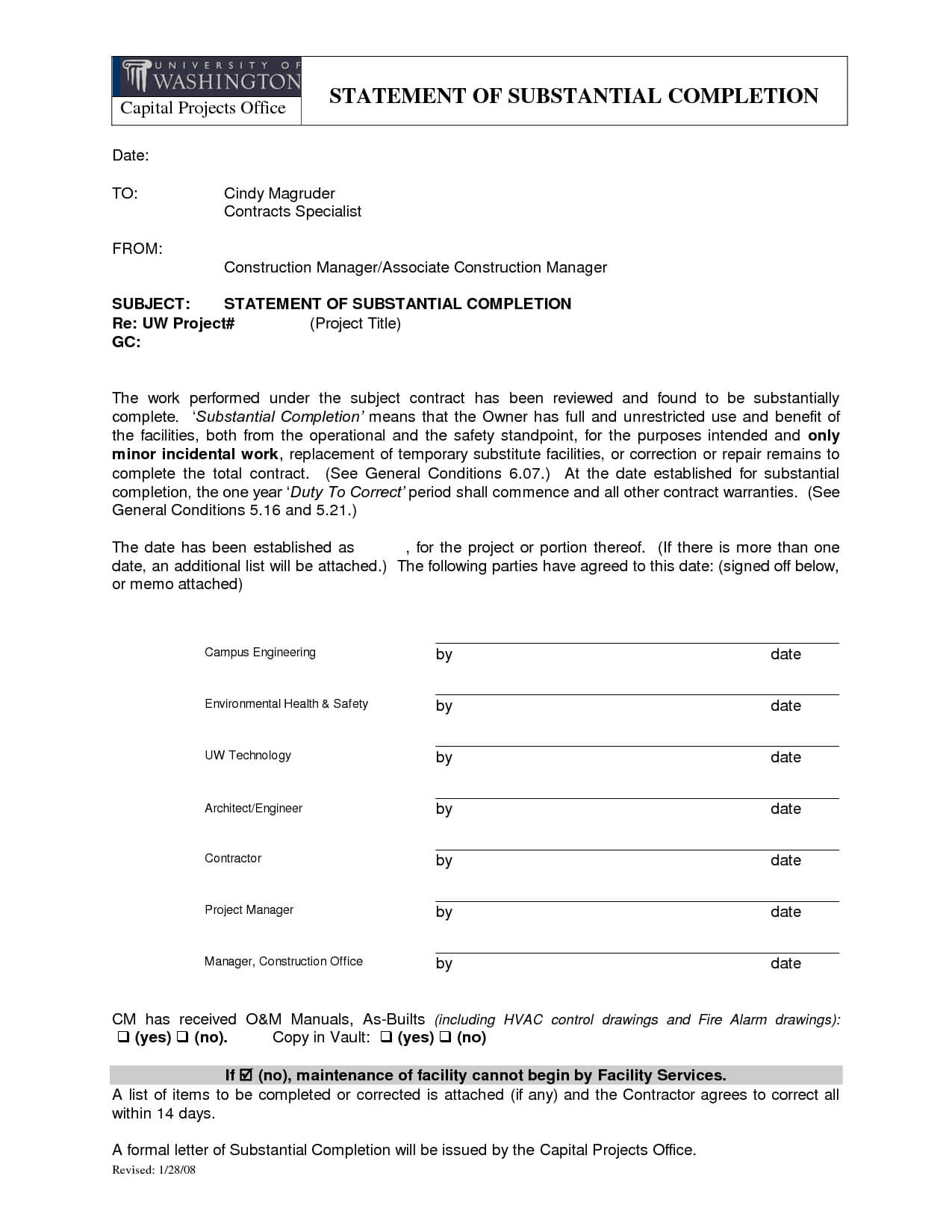 Letter Of Substantial Completion – Free Printable Documents Throughout Certificate Of Substantial Completion Template