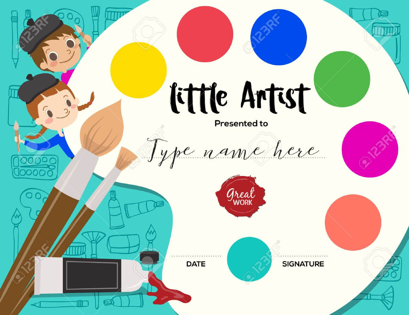 Little Artist, Kids Diploma Child Painting Course Certificate.. With Regard To Free Art Certificate Templates