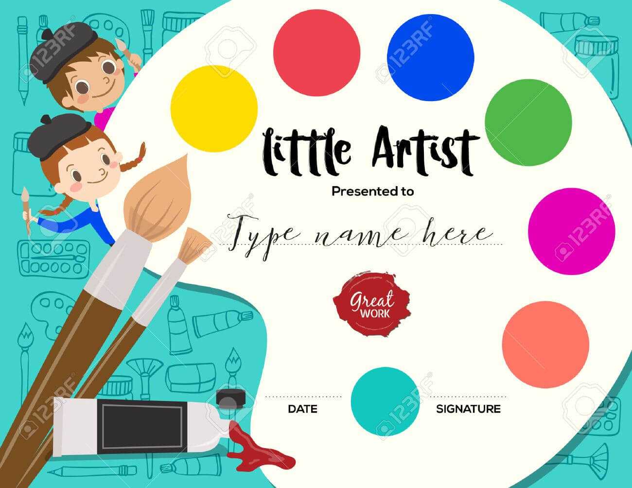 Little Artist, Kids Diploma Child Painting Course Certificate.. With Regard To Free Art Certificate Templates