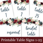 Maroon Floral Table Numbers, Printable Wedding Signs In Reserved Cards For Tables Templates