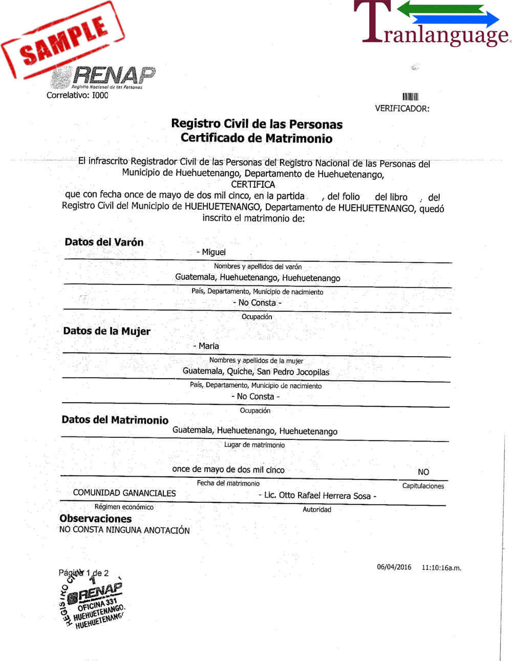 Marriage Certificate Guatemala In Marriage Certificate Translation From Spanish To English Template