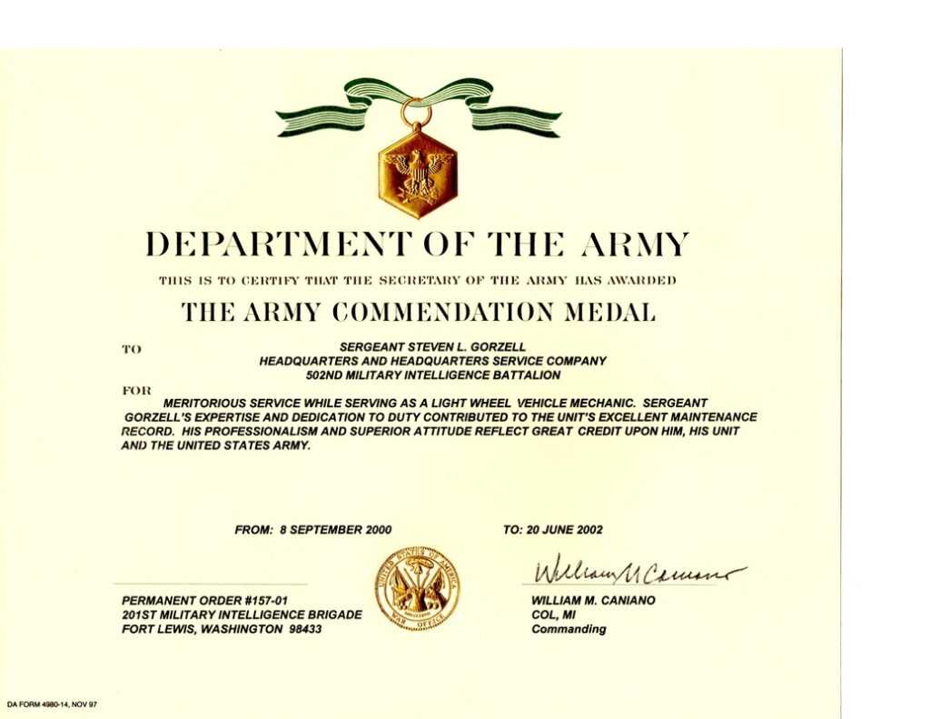 Army Good Conduct Medal Certificate Template - Sample Professional