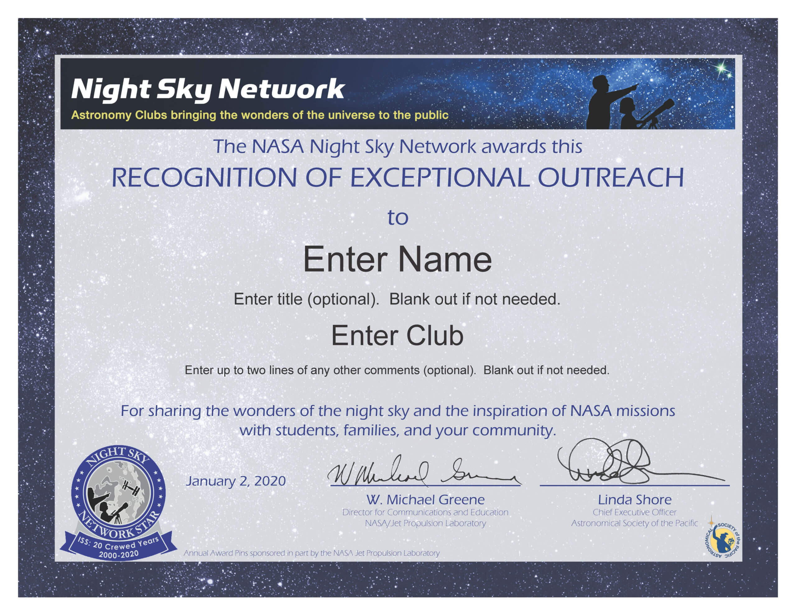 Nsn Astronomy Outreach Award Certificate (For Service In For Borderless Certificate Templates