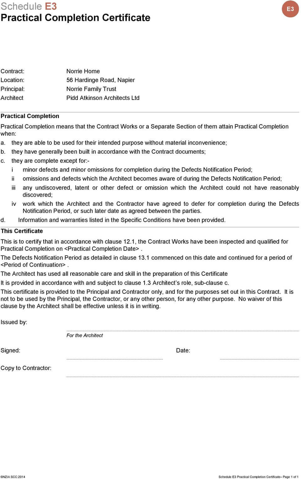 Nzia Standard Construction Contract – Pdf Free Download In Practical Completion Certificate Template Uk