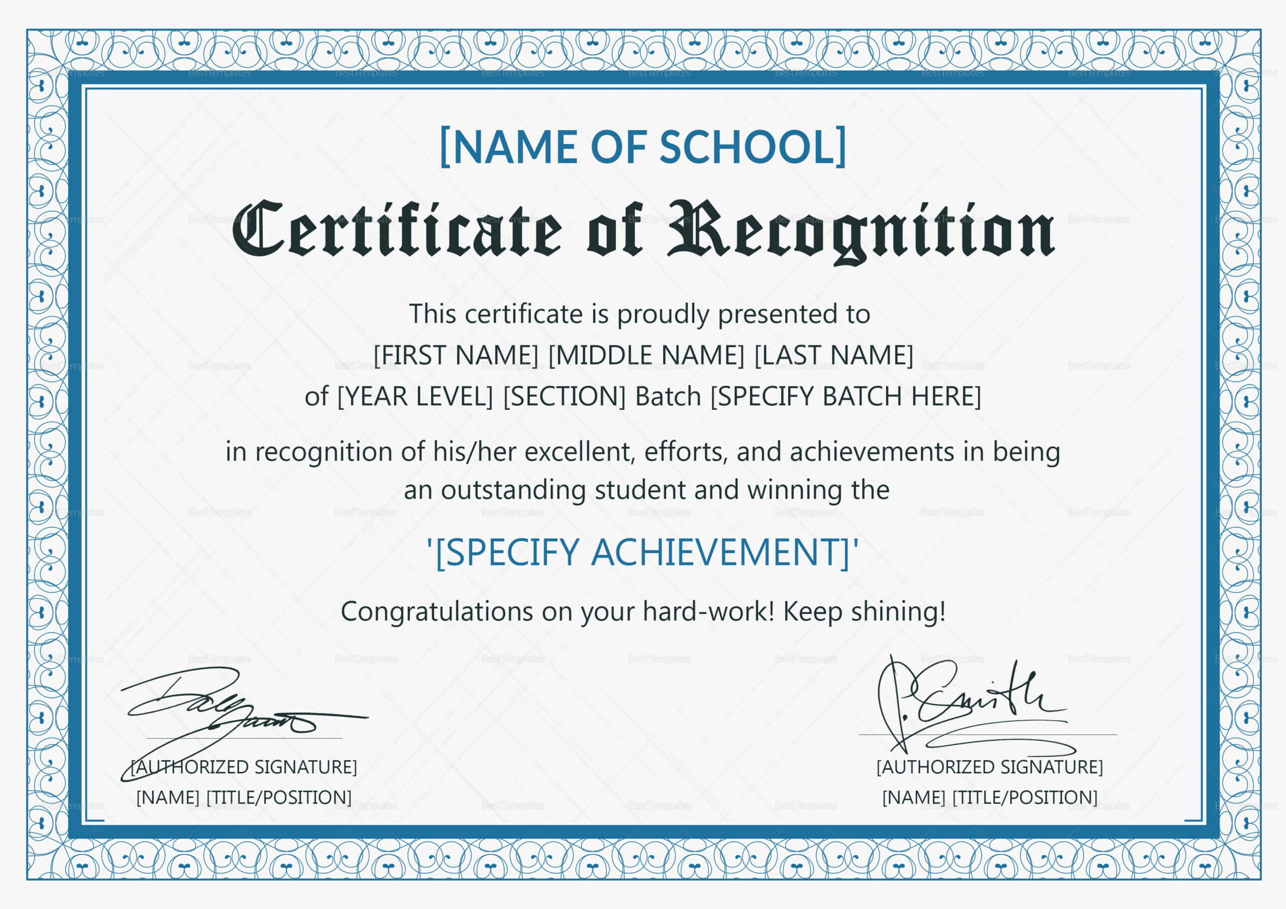 Outstanding Student Recognition Certificate Template Inside Sample Certificate Of Recognition Template