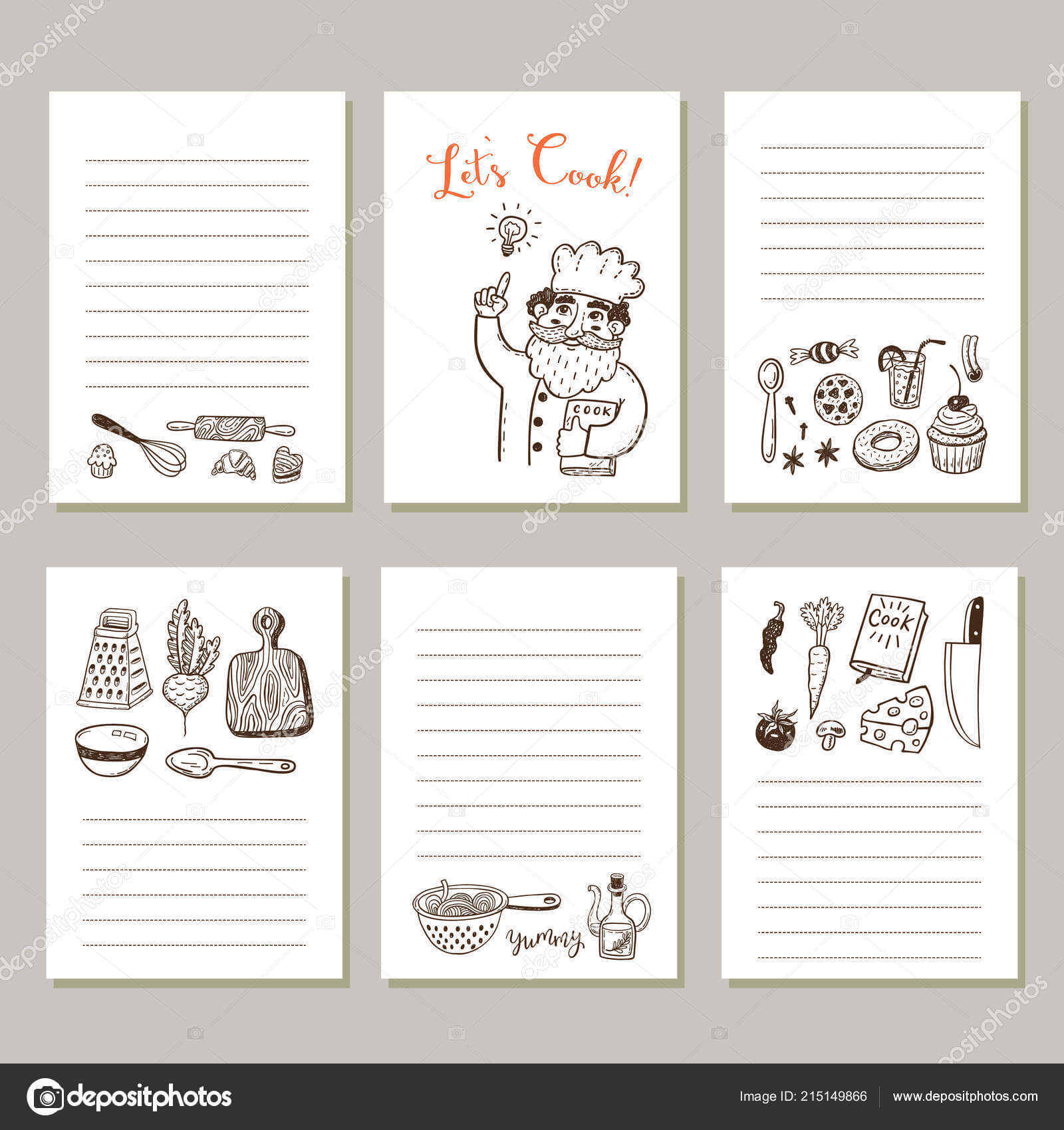 Page Template Set Notes Cooking Recipe Cards Hand Drawn Regarding Recipe Card Design Template