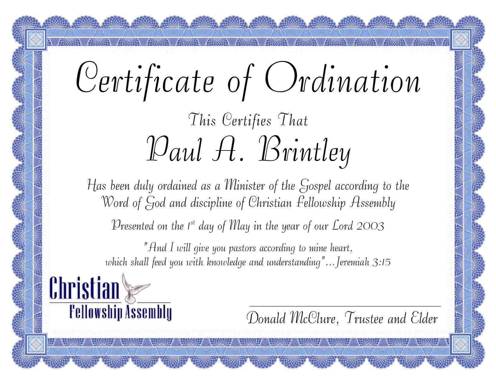 Pastoral Ordination Certificatepatricia Clay – Issuu Throughout Ordination Certificate Template