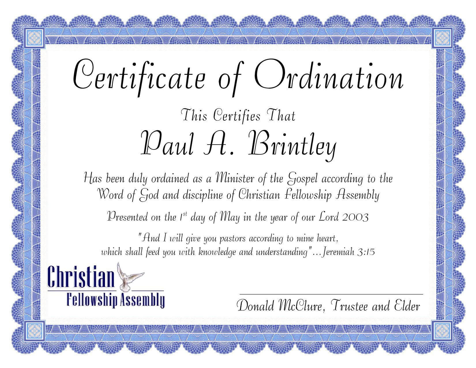 Pastoral Ordination Certificatepatricia Clay - Issuu Within Certificate Of Ordination Template