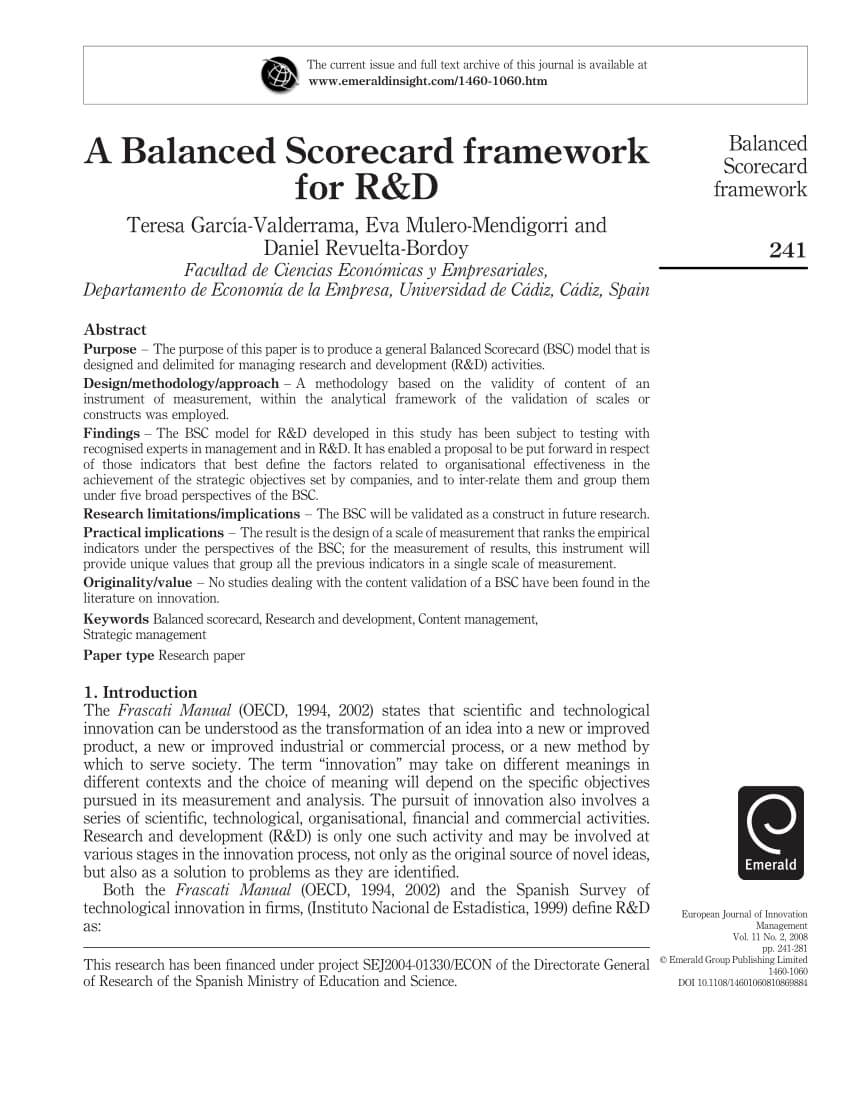 Pdf) A Balanced Scorecard Framework For R&d Intended For Bridge Score Card Template