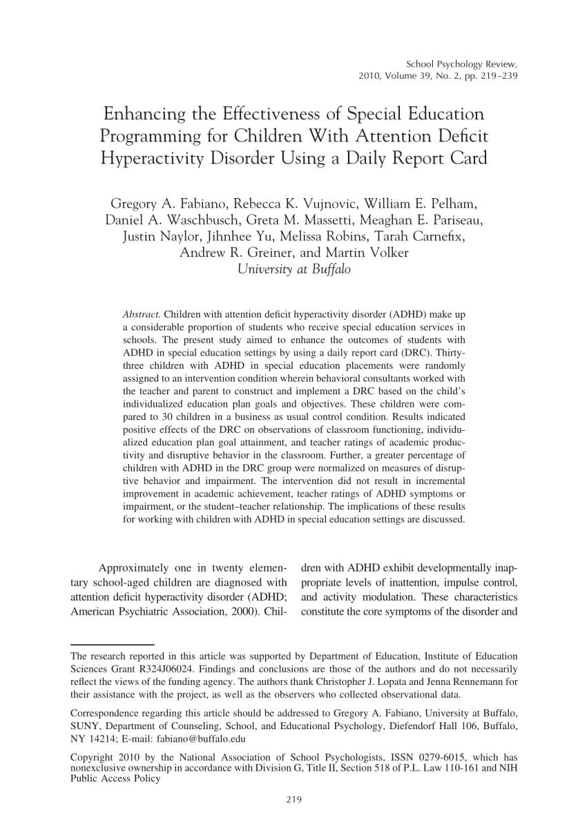 Pdf) Enhancing The Effectiveness Of Special Education With Regard To Daily Report Card Template For Adhd