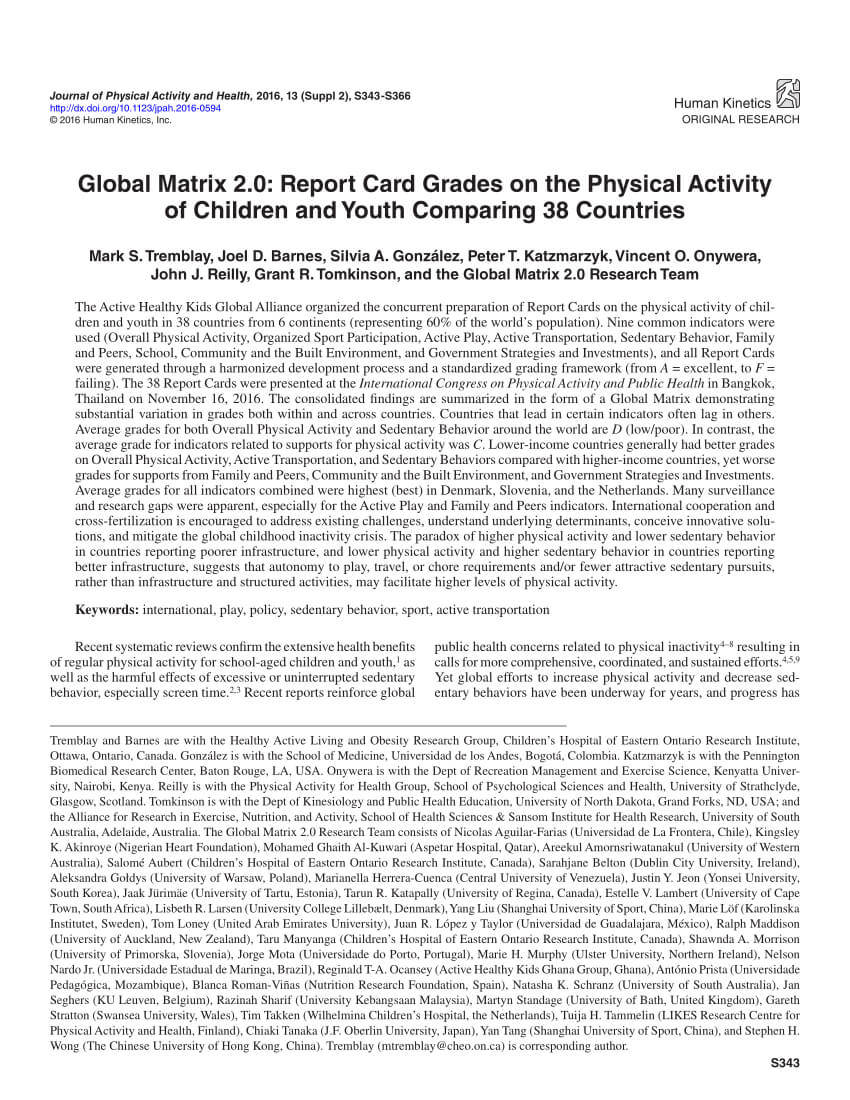 Pdf) Global Matrix 2.0: Report Card Grades On The Physical In Boyfriend Report Card Template
