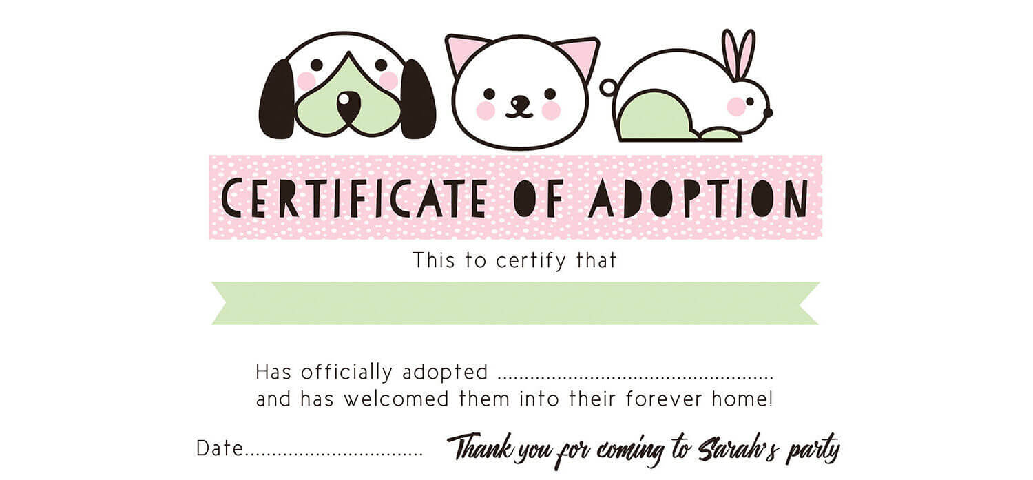 Pet Rescue Party Pretend 'adoption Certificate' – Pink With Toy Adoption Certificate Template