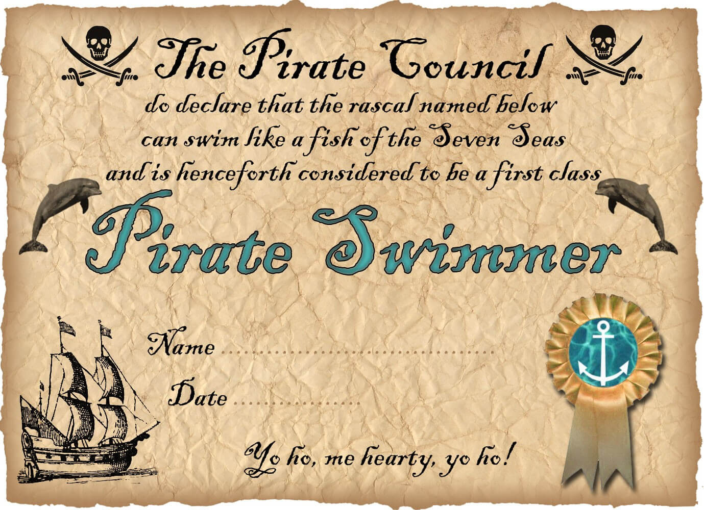 Pirate Swimmer Certificate | Rooftop Post Printables Within Free Swimming Certificate Templates