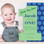 Polka Dot Blue First Birthday Photo Invitations – Free With First Birthday Invitation Card Template