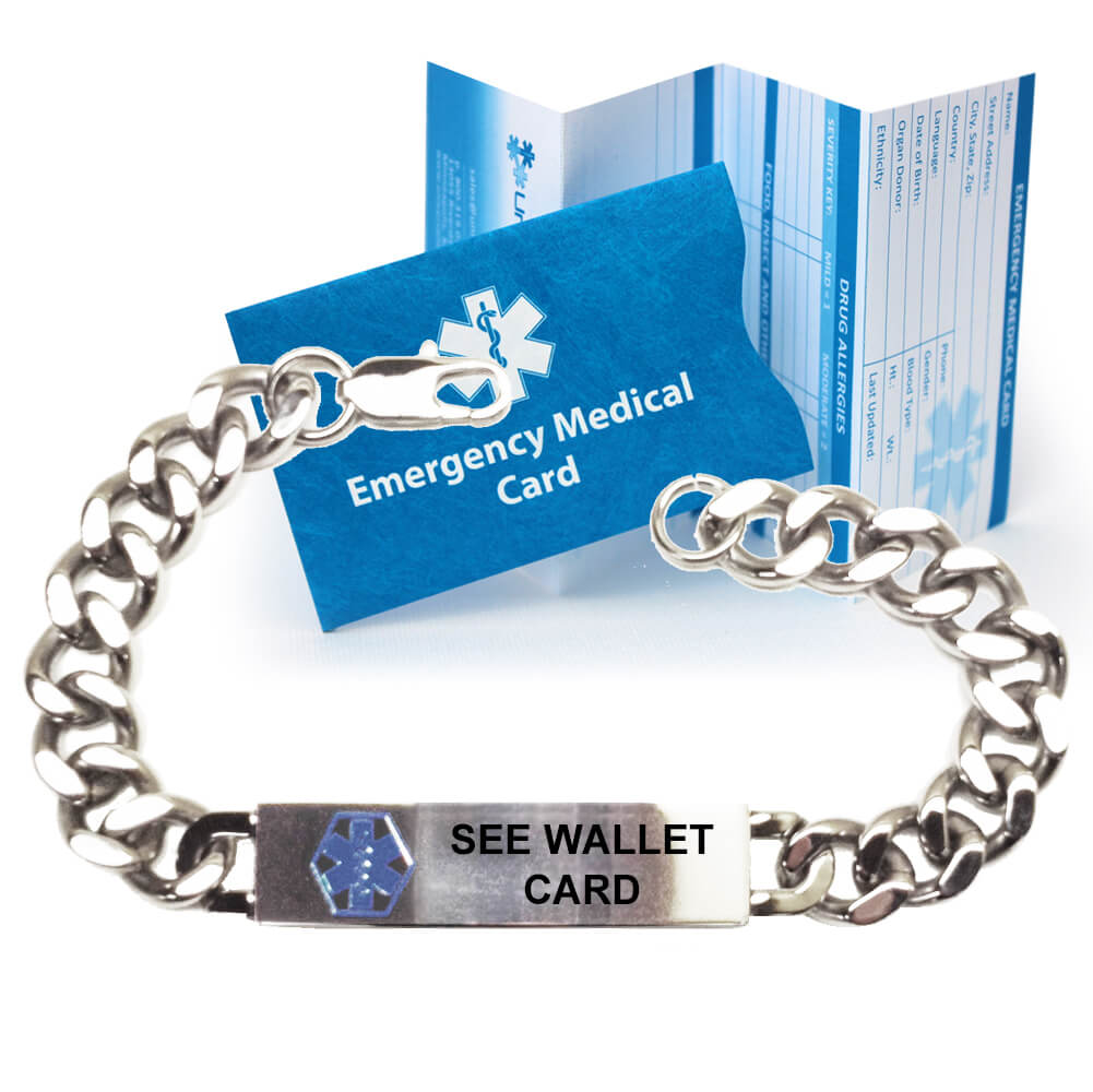 Pre Engraved "see Wallet Card" Traditional Curb Link Medical Alert  Bracelet. Choose From A Variety Of Sizes! With Medical Alert Wallet Card Template