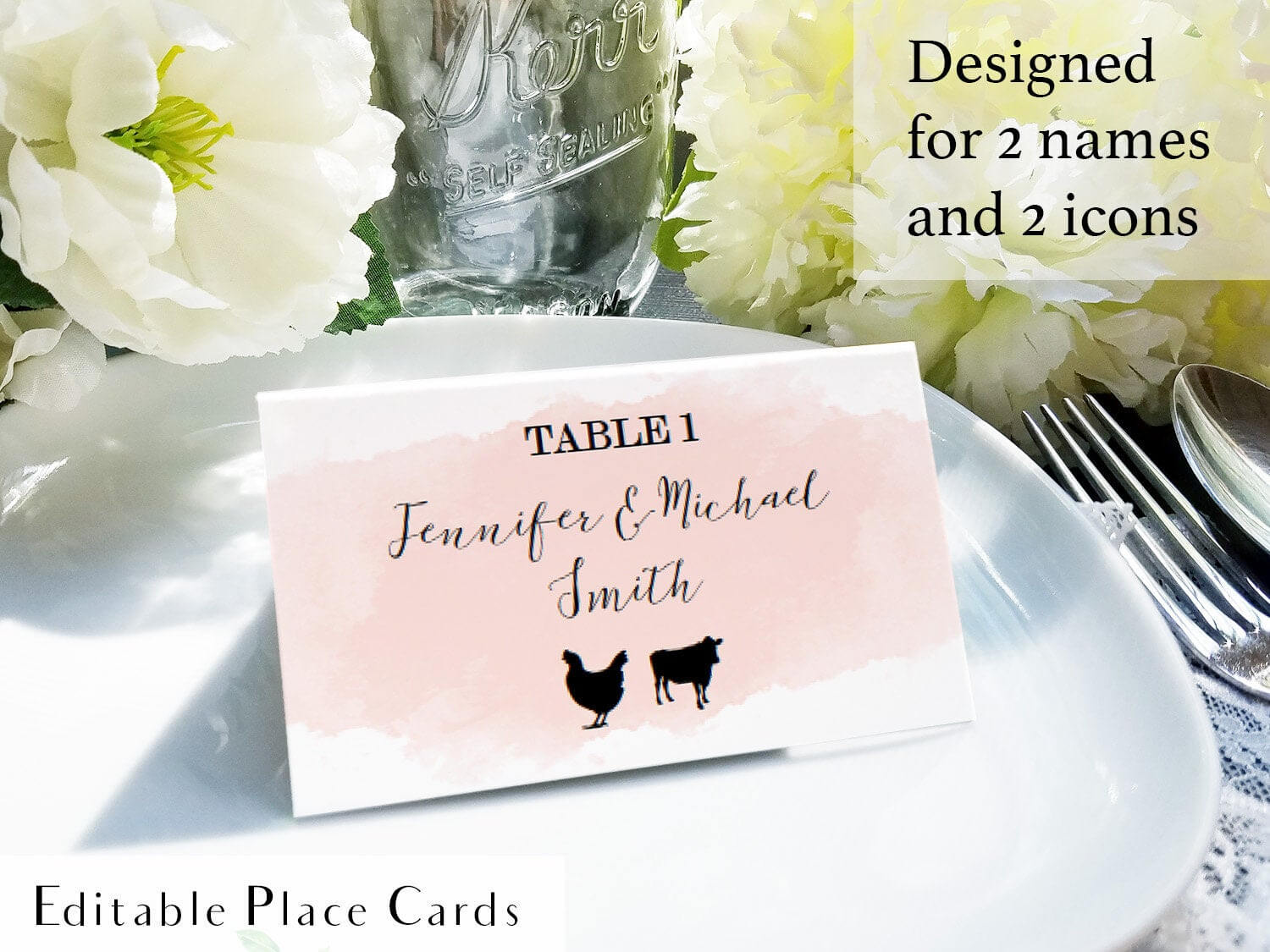 Printable Blush Place Card With Two Names, Pink Place Card With Food Icons,  Watercolor Name Cards With Meals, Two Name Place Cards Template With Regard To Michaels Place Card Template