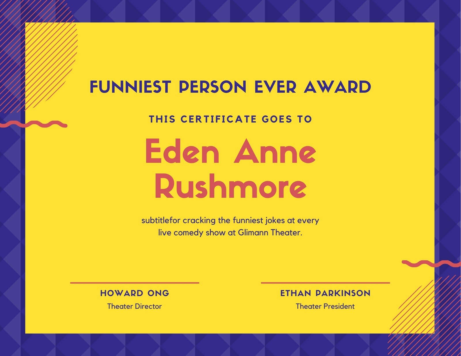 Purple And Yellow Lines Funny Certificate – Templatescanva Throughout Funny Certificate Templates