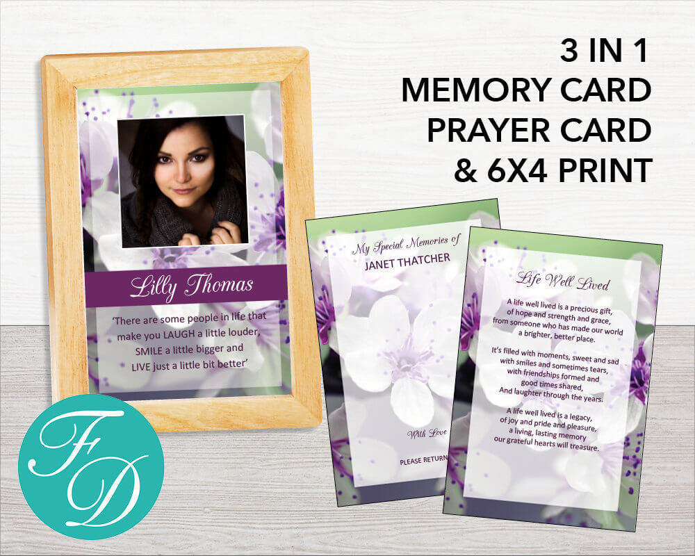 Purple Floral Prayer Card, Share A Memory And Print | Printable Prayer Card  | Memorial Ideas | Funeral Ideas | Funeral Templates | 0156 Within In Memory Cards Templates