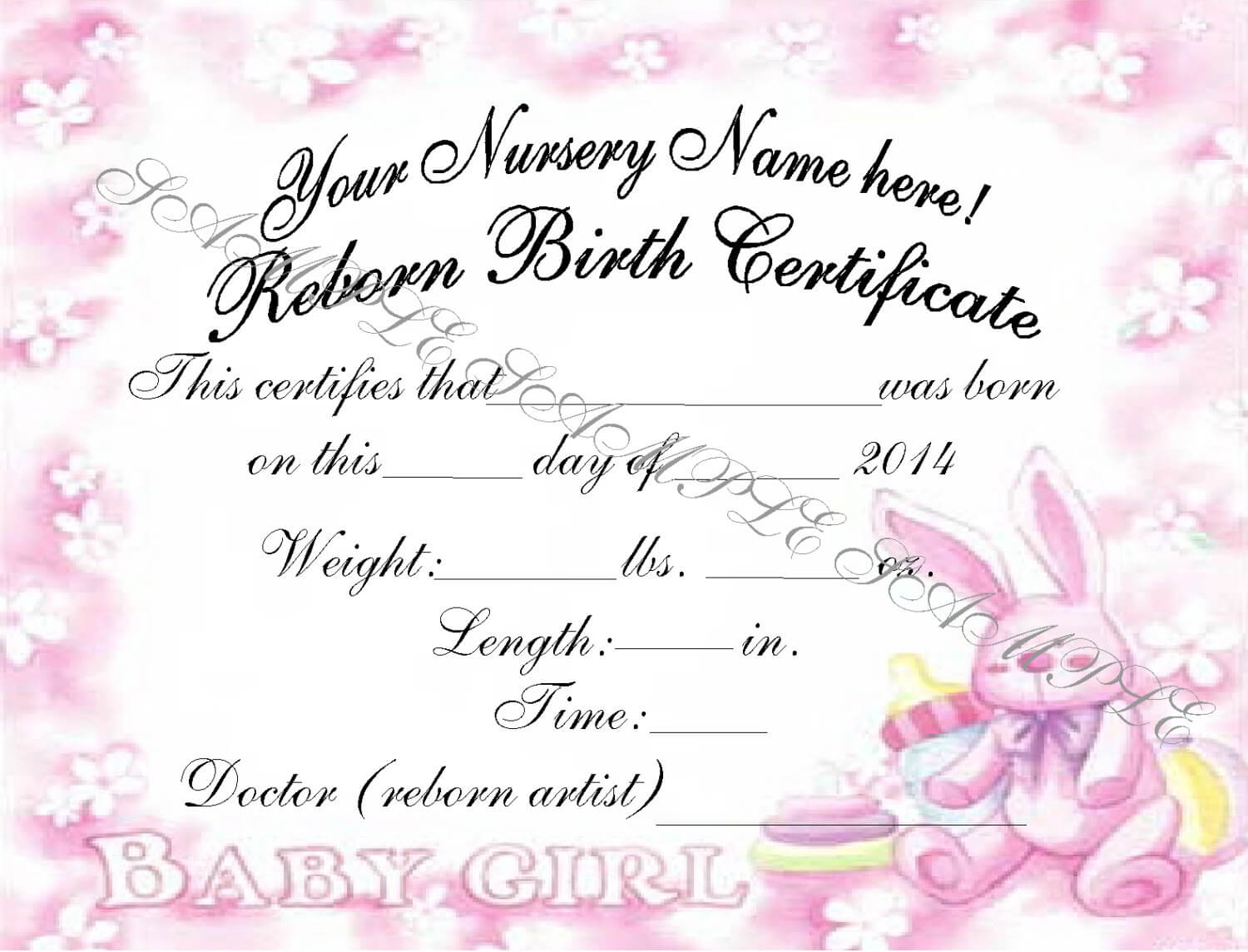 Reborn Birth Certificates (Your Custom Nursery Name) 5 Certificates For Baby Doll Birth Certificate Template