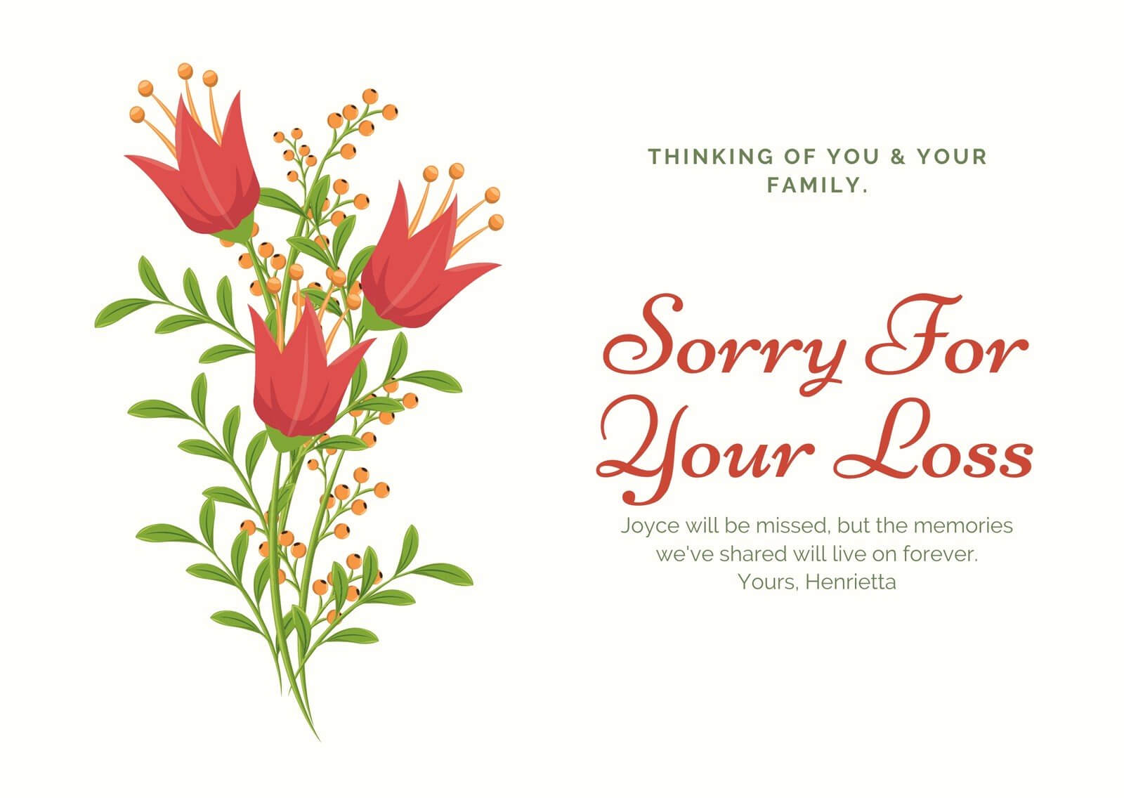 Red And Green Illustrated Flower Sympathy Card – Templates Throughout Sorry For Your Loss Card Template
