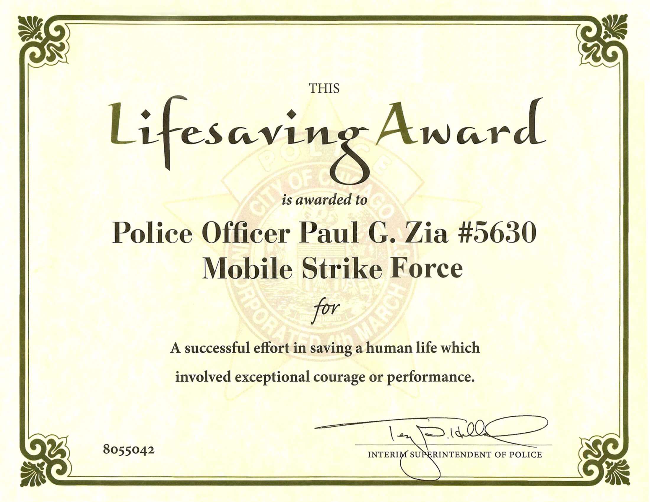 Ribbon Awards | Chicagocop With Life Saving Award Certificate Template