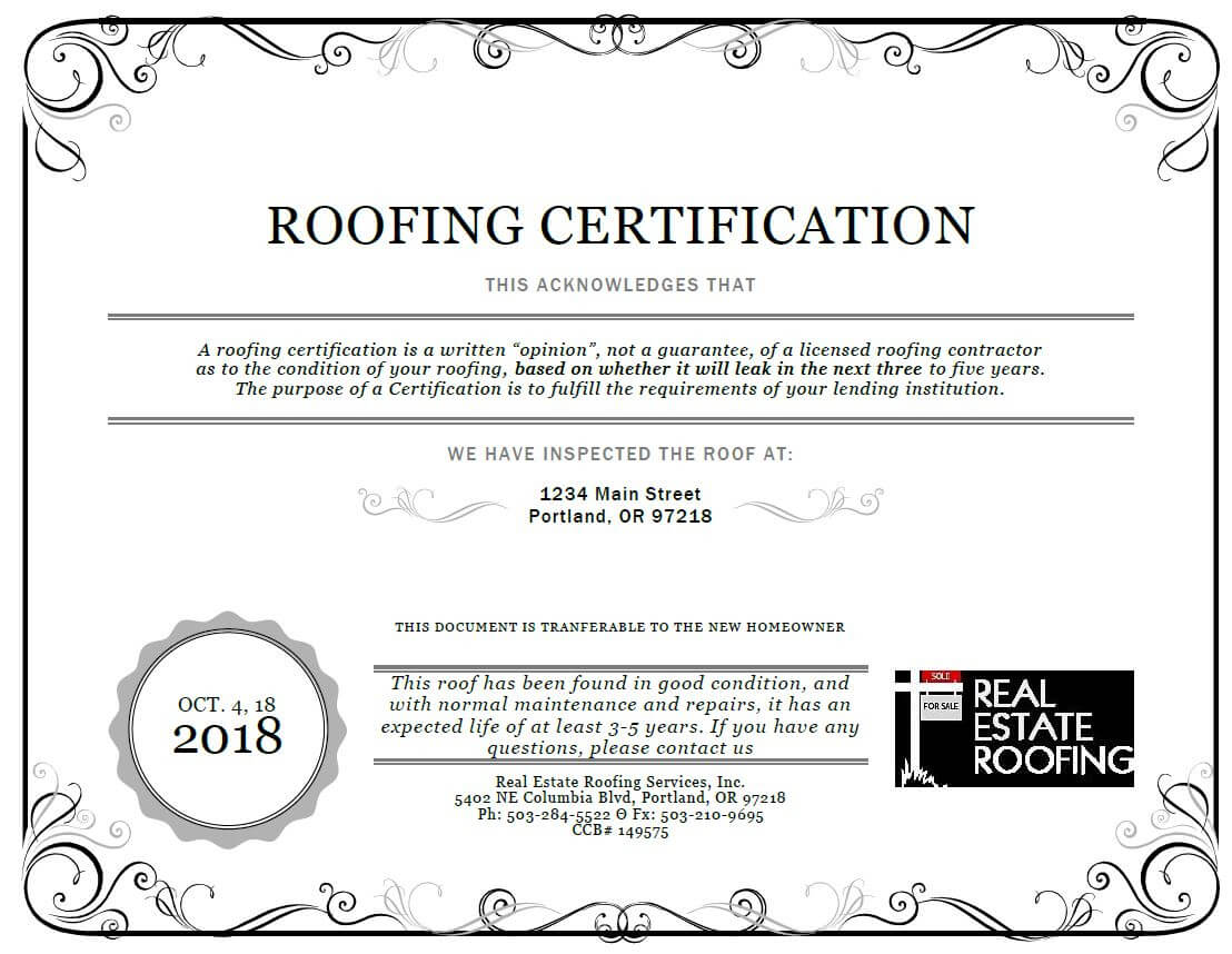 Roof Certification: Sample | Real Estate Roofing Throughout Roof Certification Template