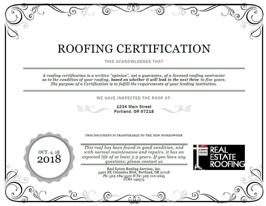 Roof Certification: Sample | Real Estate Roofing Throughout Roof Certification Template