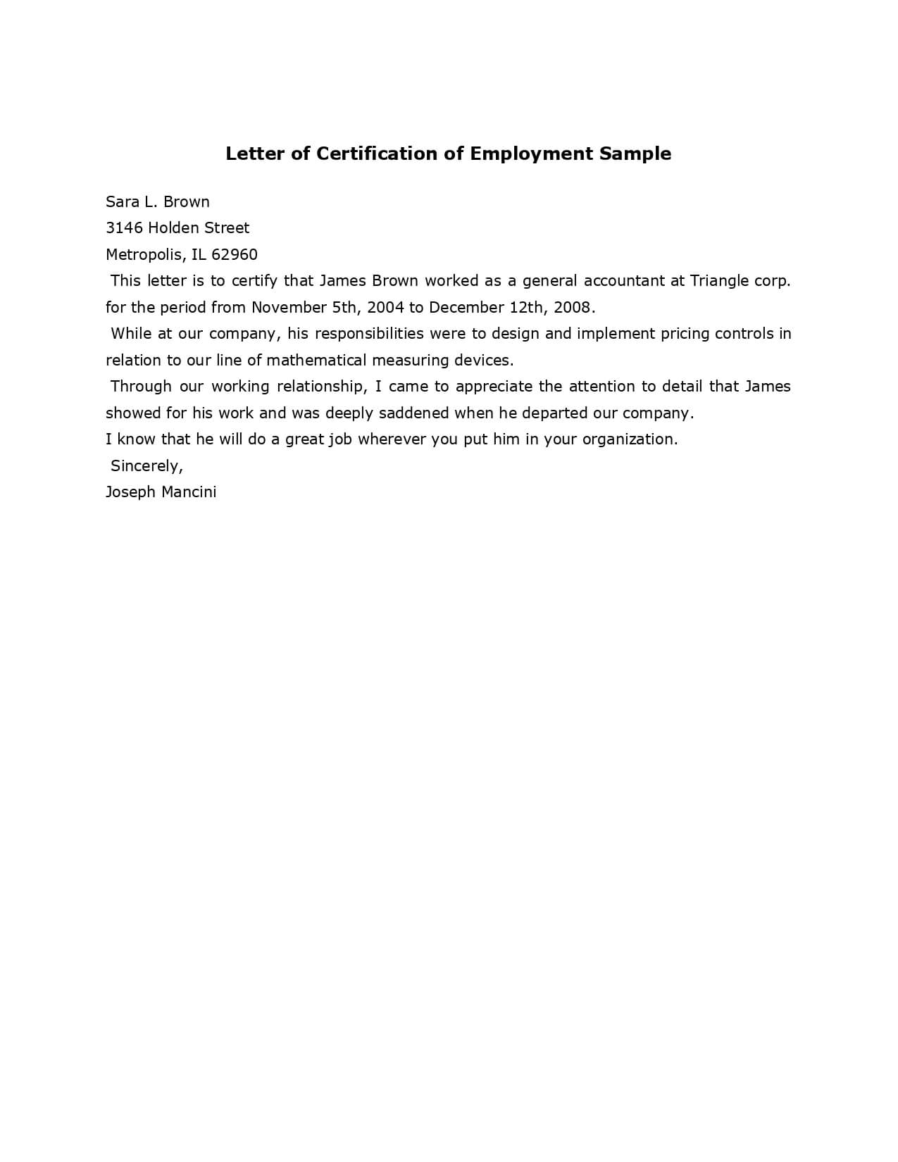 Sample Employment Certificate From Employer – Google Docs For Sample Certificate Employment Template
