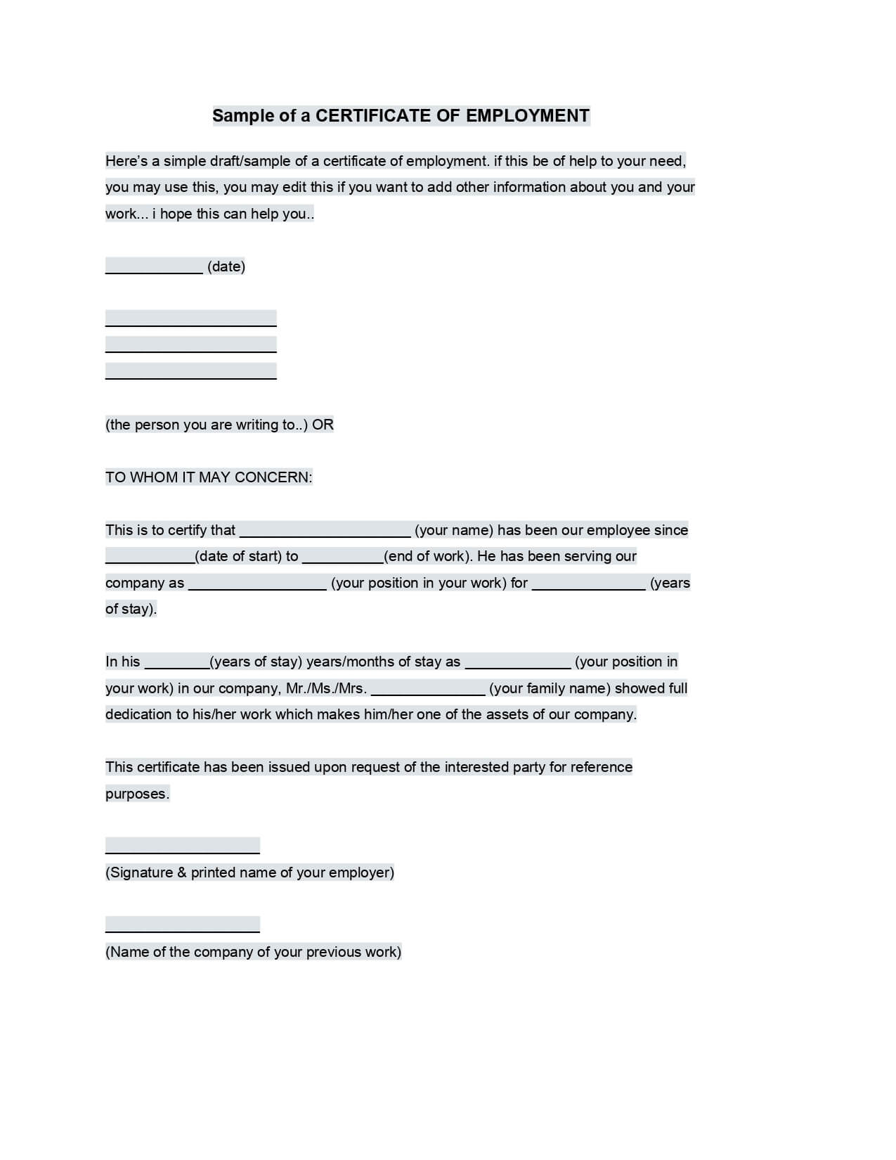 Sample Employment Certificate From Employer – Google Docs With Regard To Sample Certificate Employment Template