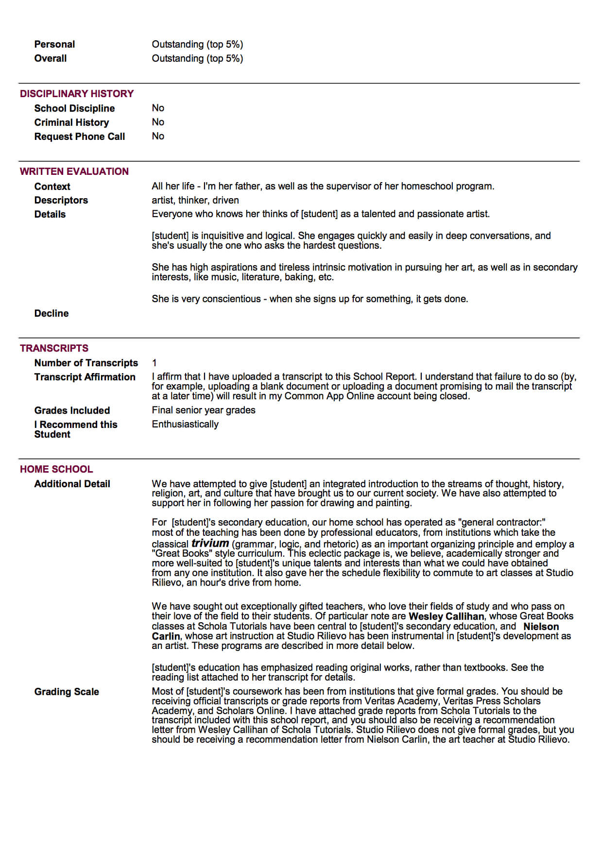 Sample School Report And Transcript (For Homeschoolers Throughout Homeschool Report Card Template Middle School