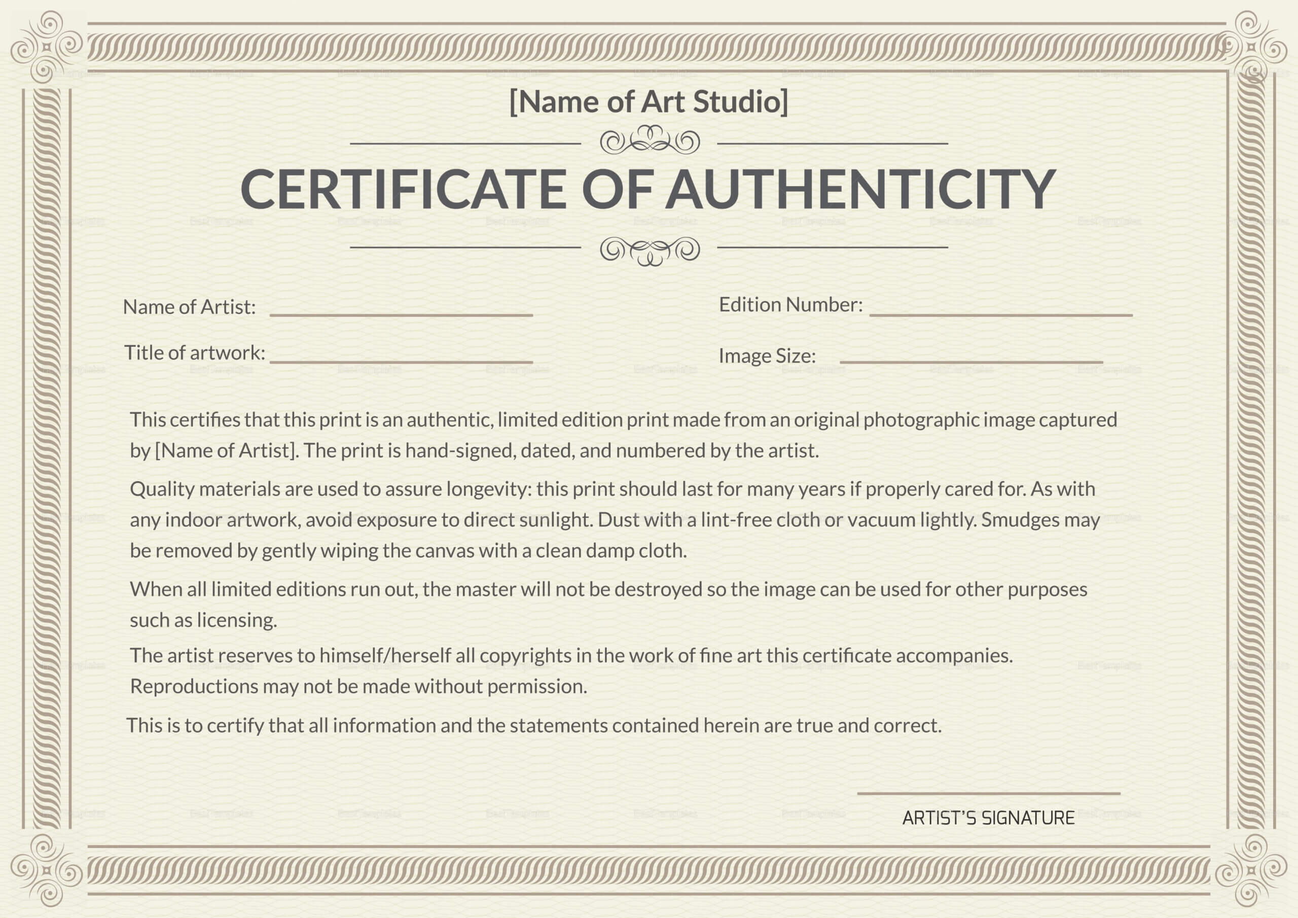 Selling Originals, Dos And Don'ts | Svs Forums Pertaining To Certificate Of Authenticity Template