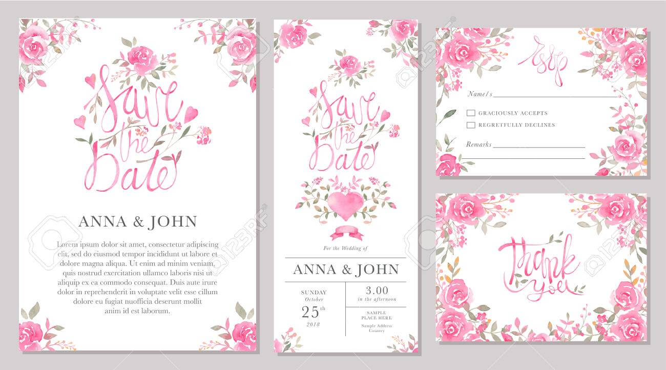 Set Of Wedding Invitation Card Templates With Watercolor Rose.. With Regard To Sample Wedding Invitation Cards Templates