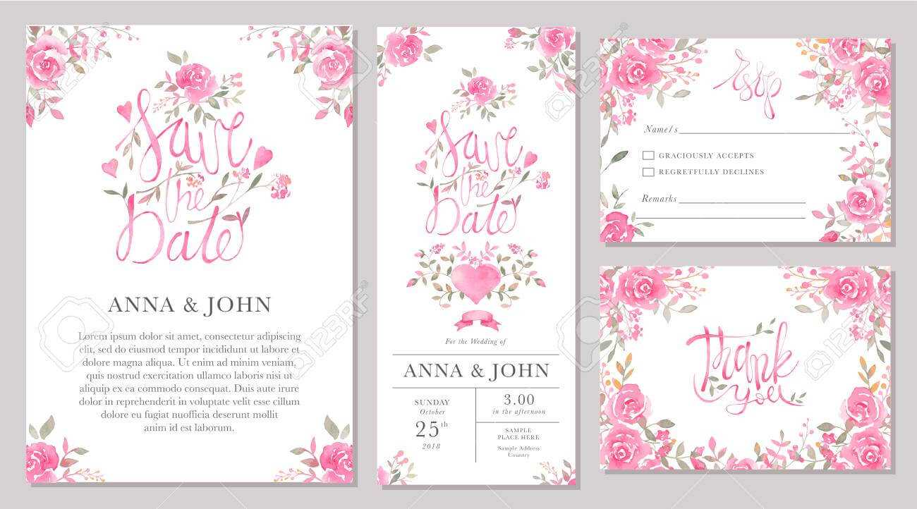 Set Of Wedding Invitation Card Templates With Watercolor Rose.. With Regard To Sample Wedding Invitation Cards Templates