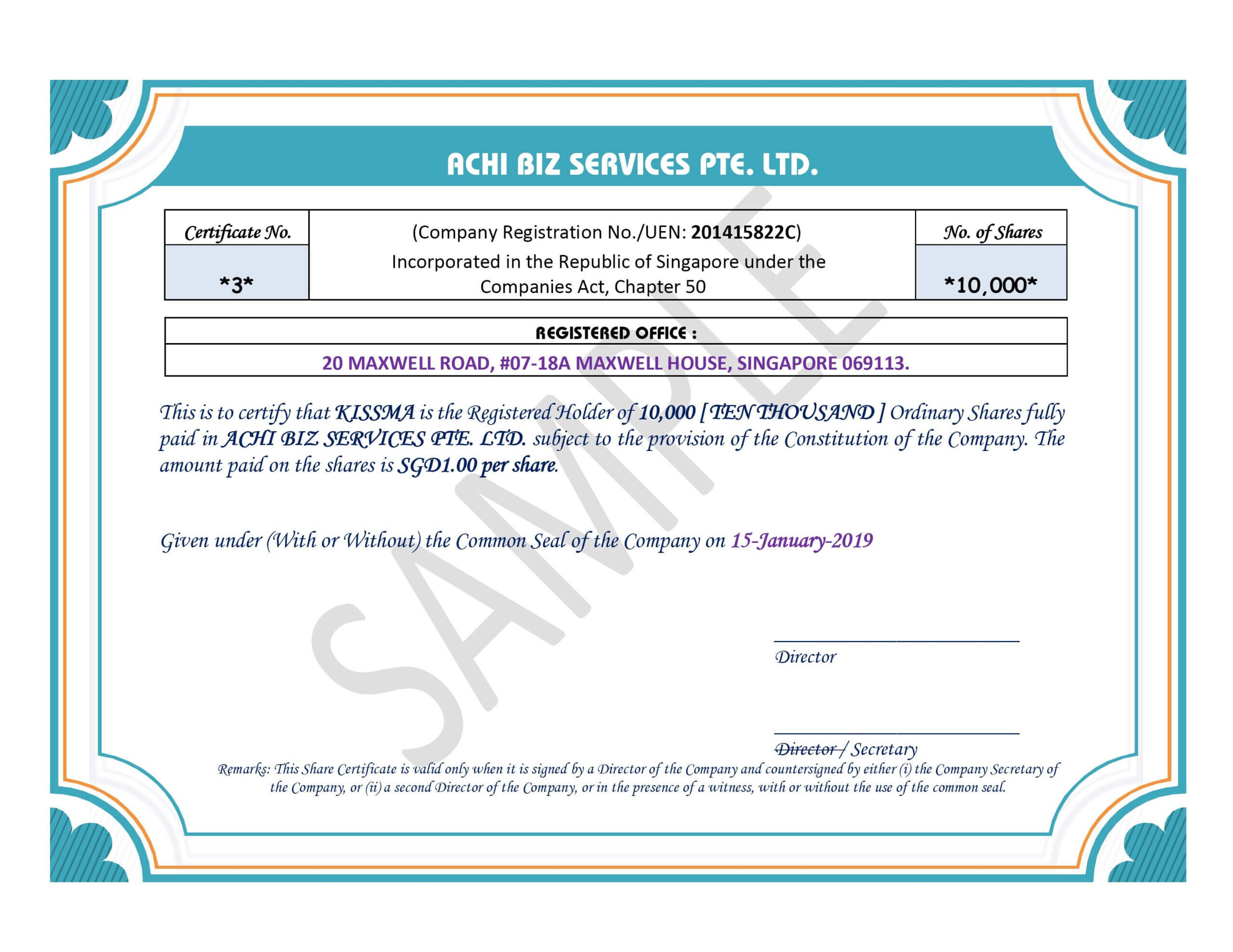 Share Certificate In Singapore ~ Achibiz Intended For Share Certificate Template Companies House