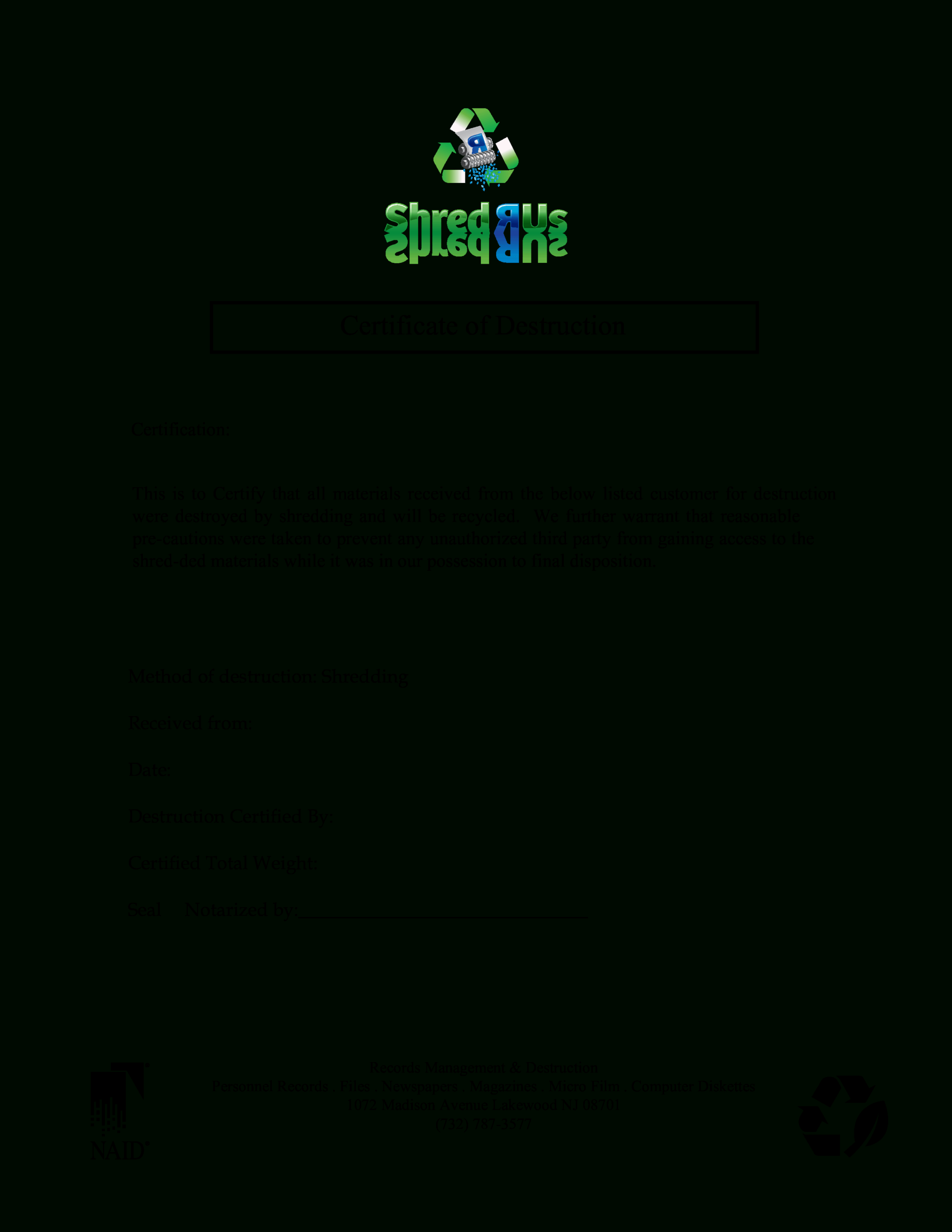 Simple Certificate Of Destruction | Templates At For Destruction Certificate Template