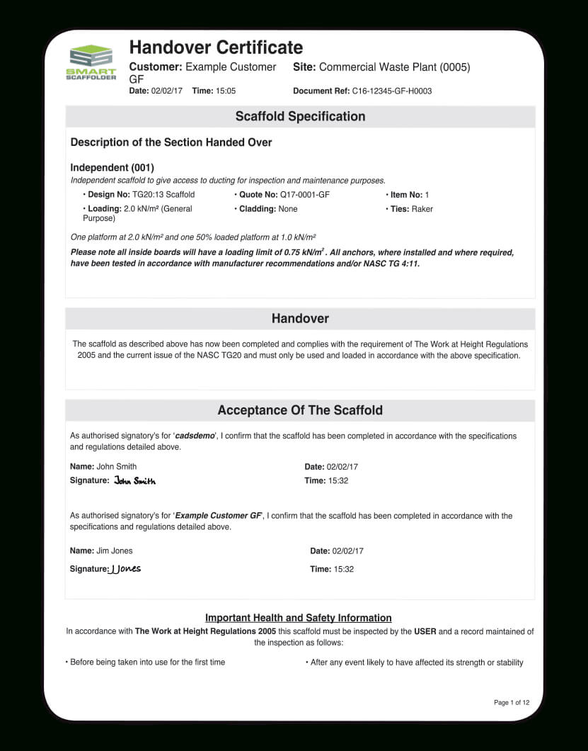 Smart Handovers - Smart Scaffolder Throughout Handover Certificate Template