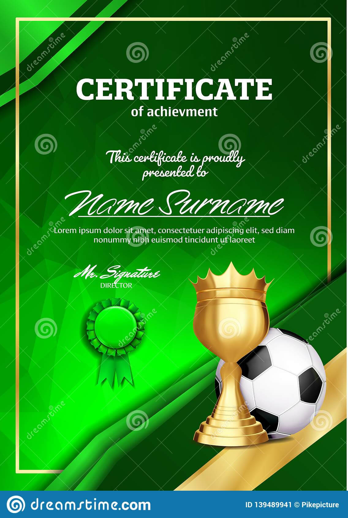 Soccer Certificate Diploma With Golden Cup Vector. Football In Soccer Award Certificate Templates Free