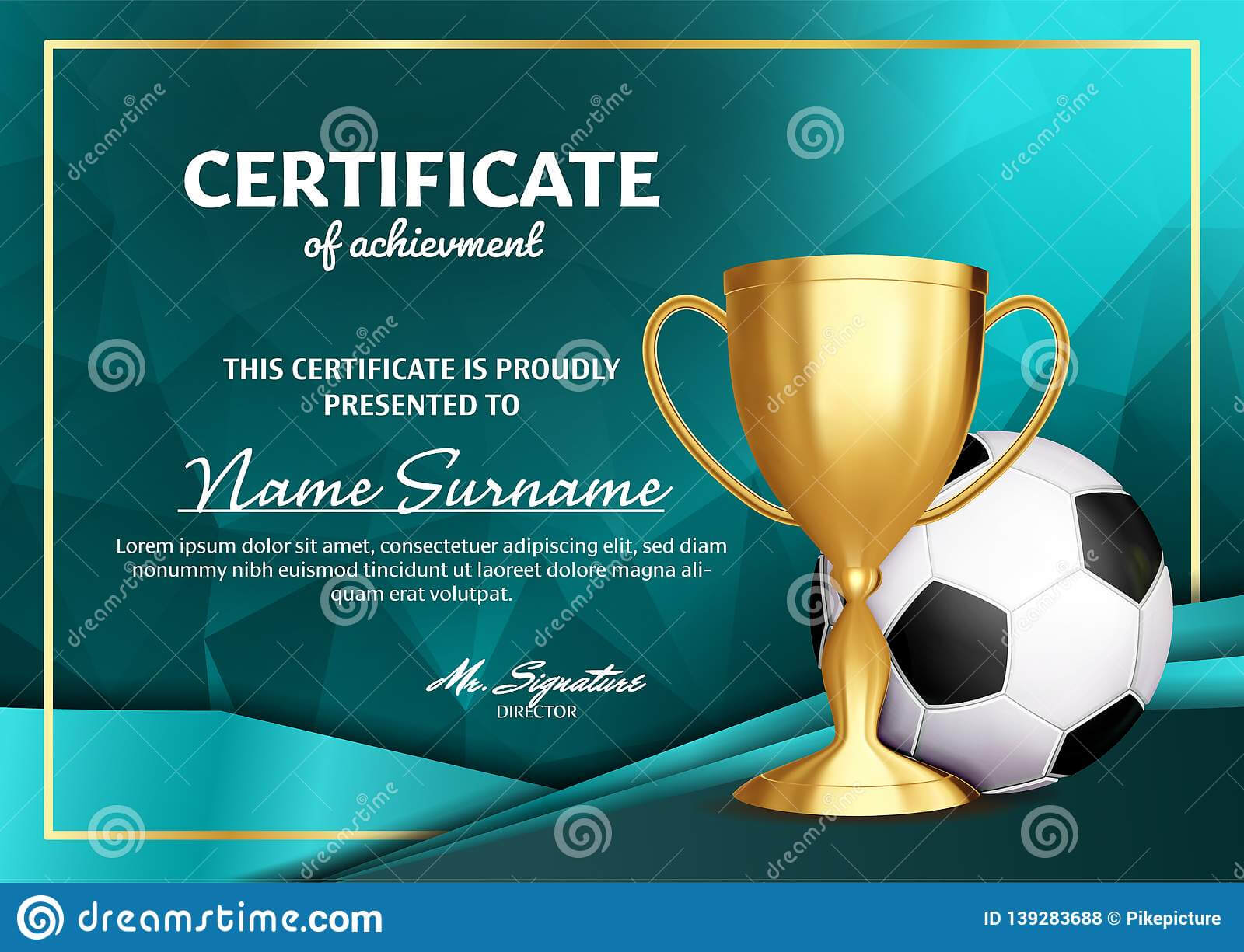 Soccer Certificate Diploma With Golden Cup Vector. Football Intended For Soccer Certificate Template