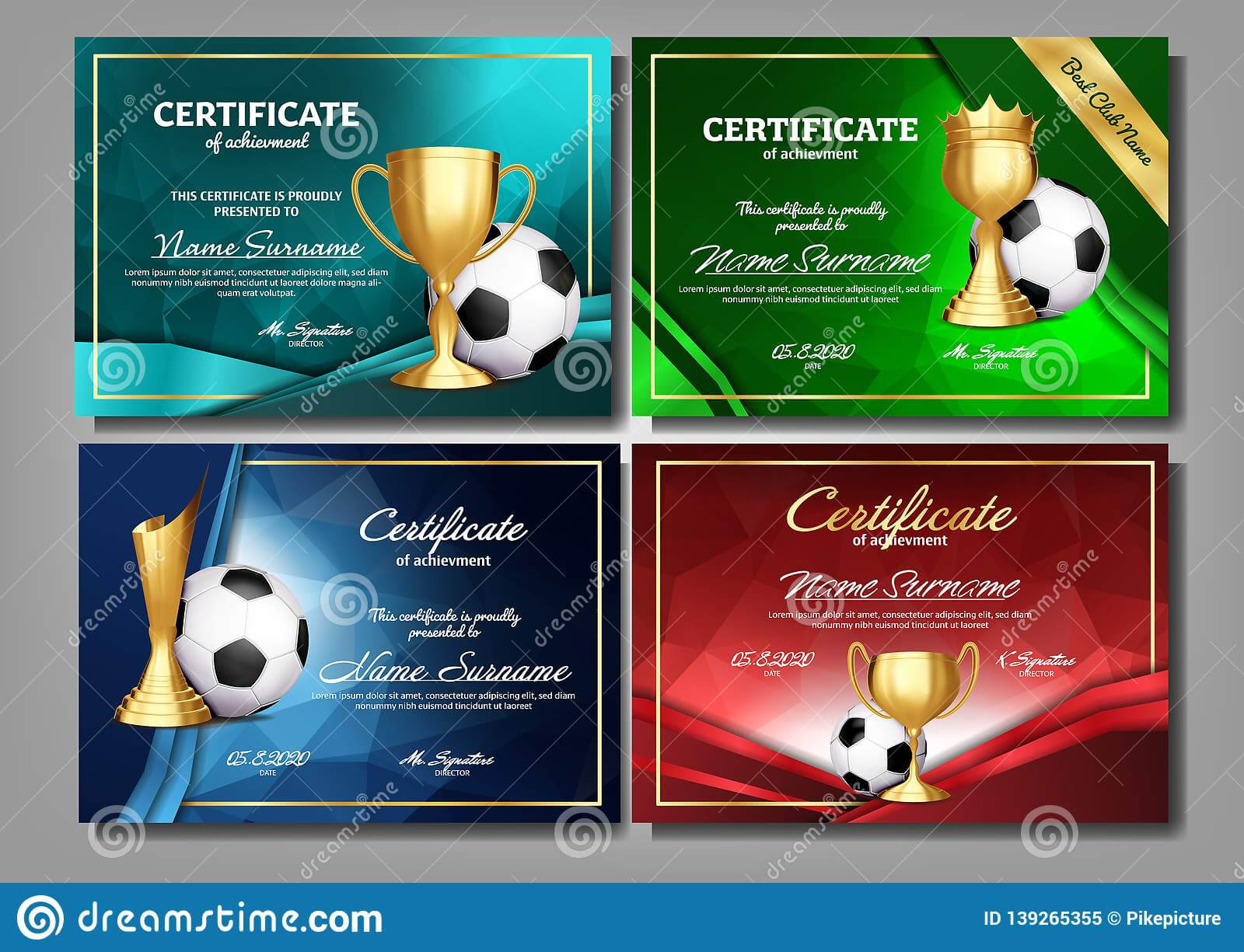 Soccer Game Certificate Diploma With Golden Cup Set Vector Regarding Soccer Award Certificate Template