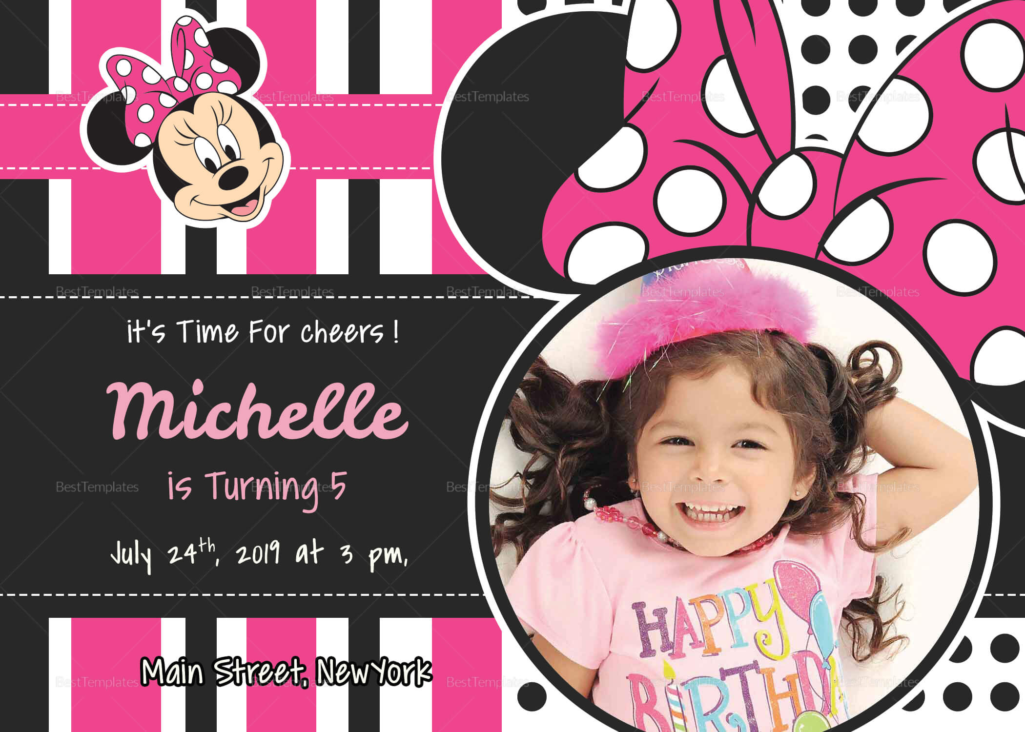 Sparkling Minnie Mouse Birthday Invitation Card Template Regarding Minnie Mouse Card Templates